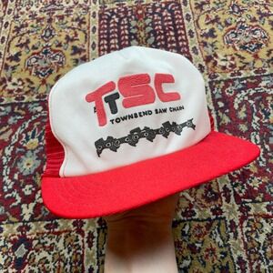 VTG 70s 80s TSC Townsend Saw Chain Trucker Hat Red White Mesh Snapback Men's